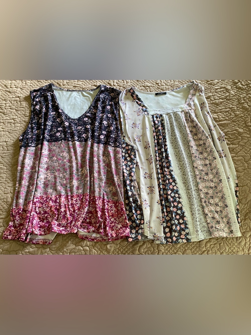 Floral Patchwork Sleeveless Women's Top - Pink/Black and a floral tan/purple